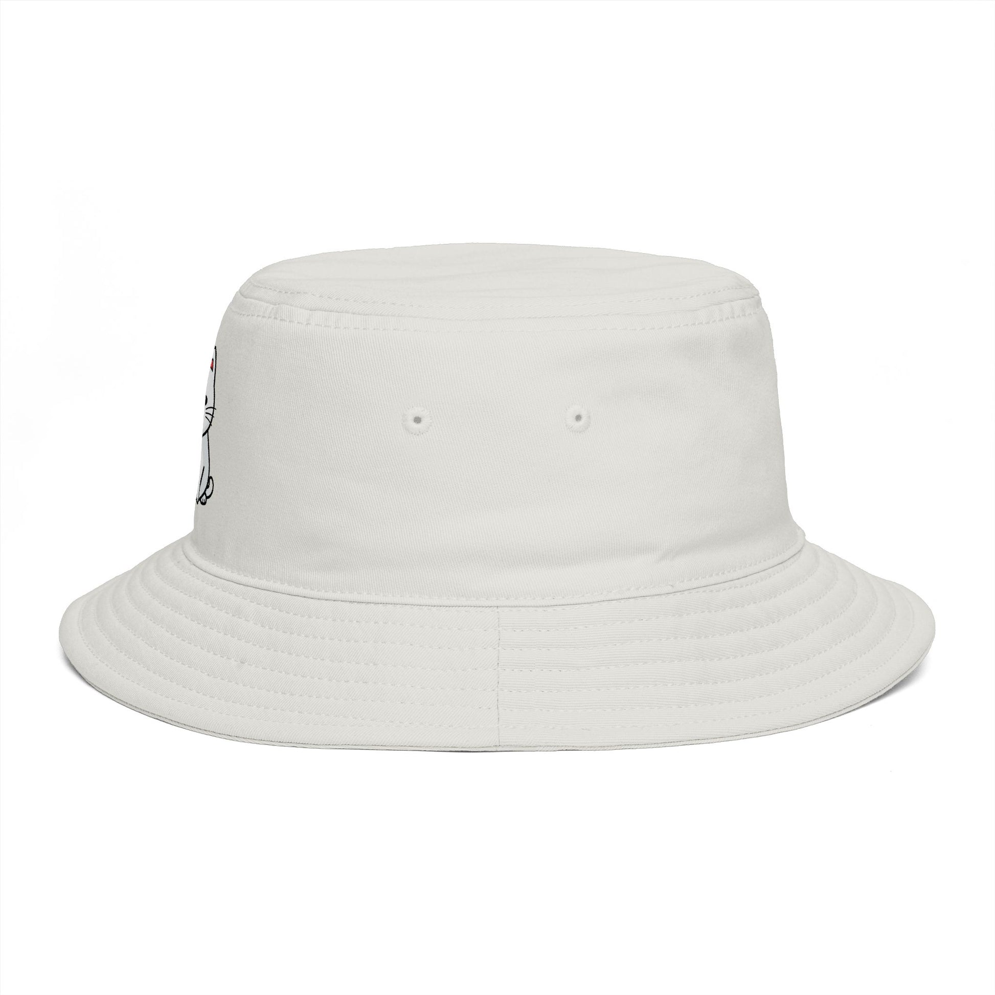 Brown Bucket Hat with Cute White Cat Embroidery — Casual Cat Lover Accessory Hats Printify