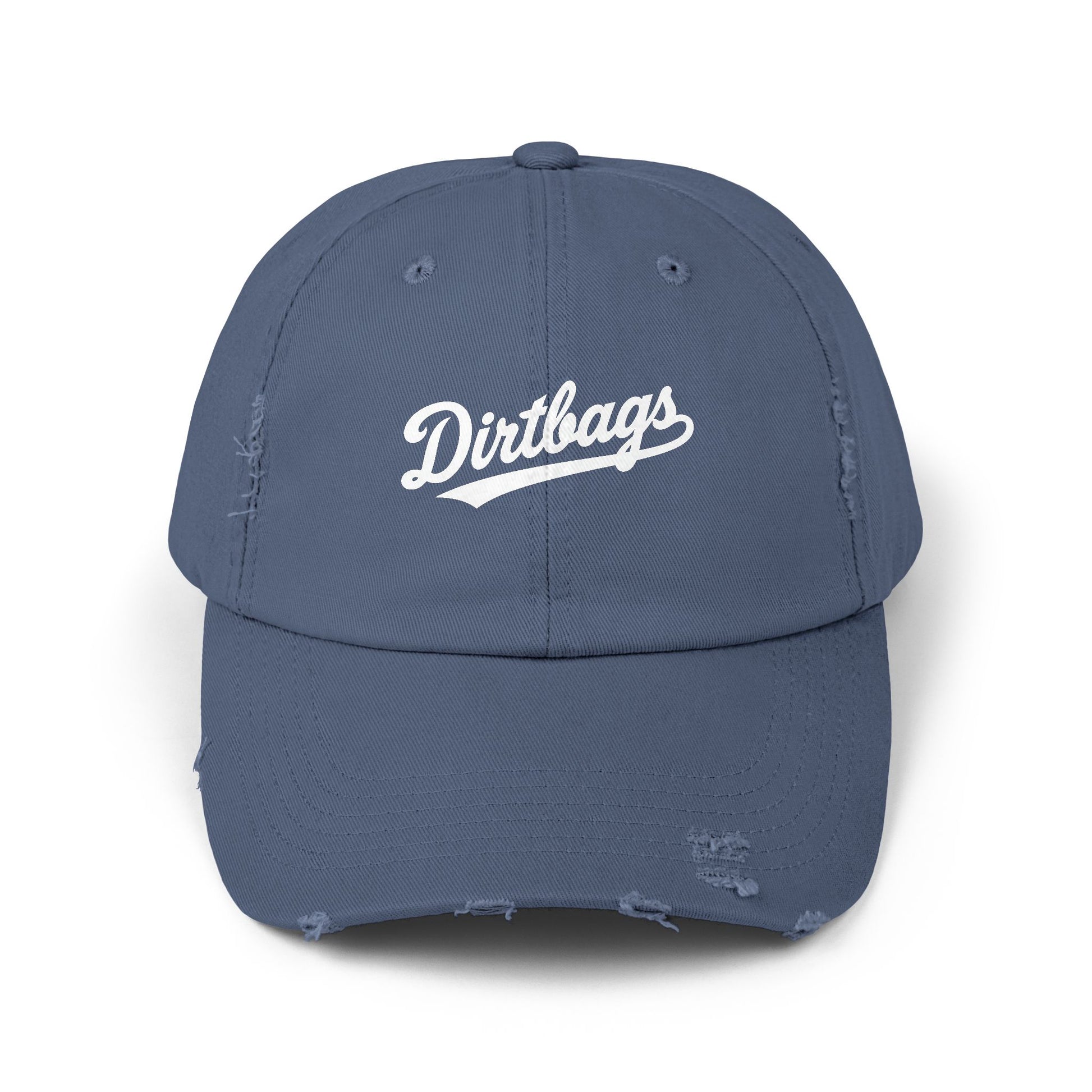 Dirtbags Distressed Baseball Cap — Vintage Script Embroidered Hat Hats Printify Scotland Blue One size