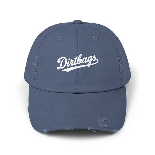 Dirtbags Distressed Baseball Cap — Vintage Script Embroidered Hat Hats Printify Scotland Blue One size