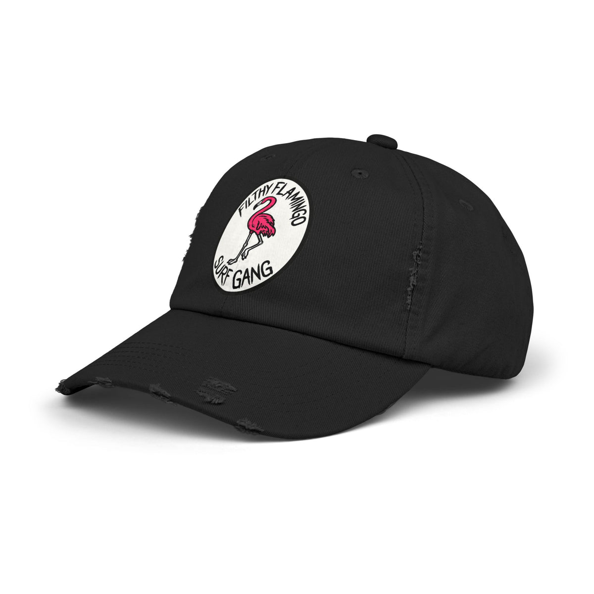Distressed Surf Cap — "Filthy Flamingo Surf Gang" Embroidered Patch Hat Hats Printify