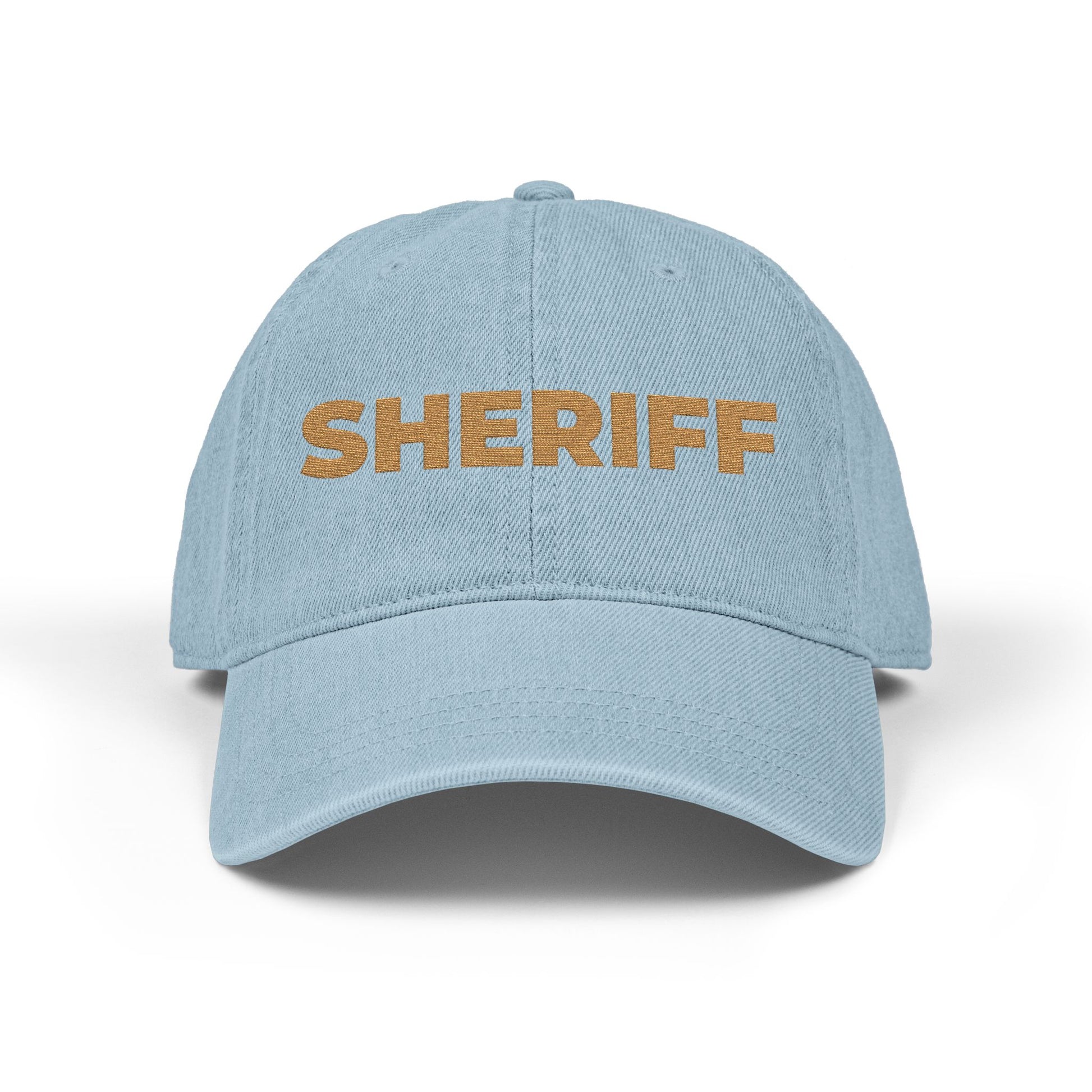 Embroidered 'SHRIFF' Denim Hat — Retro Floral Lettering Baseball Cap Hats Printify One size Light Blue