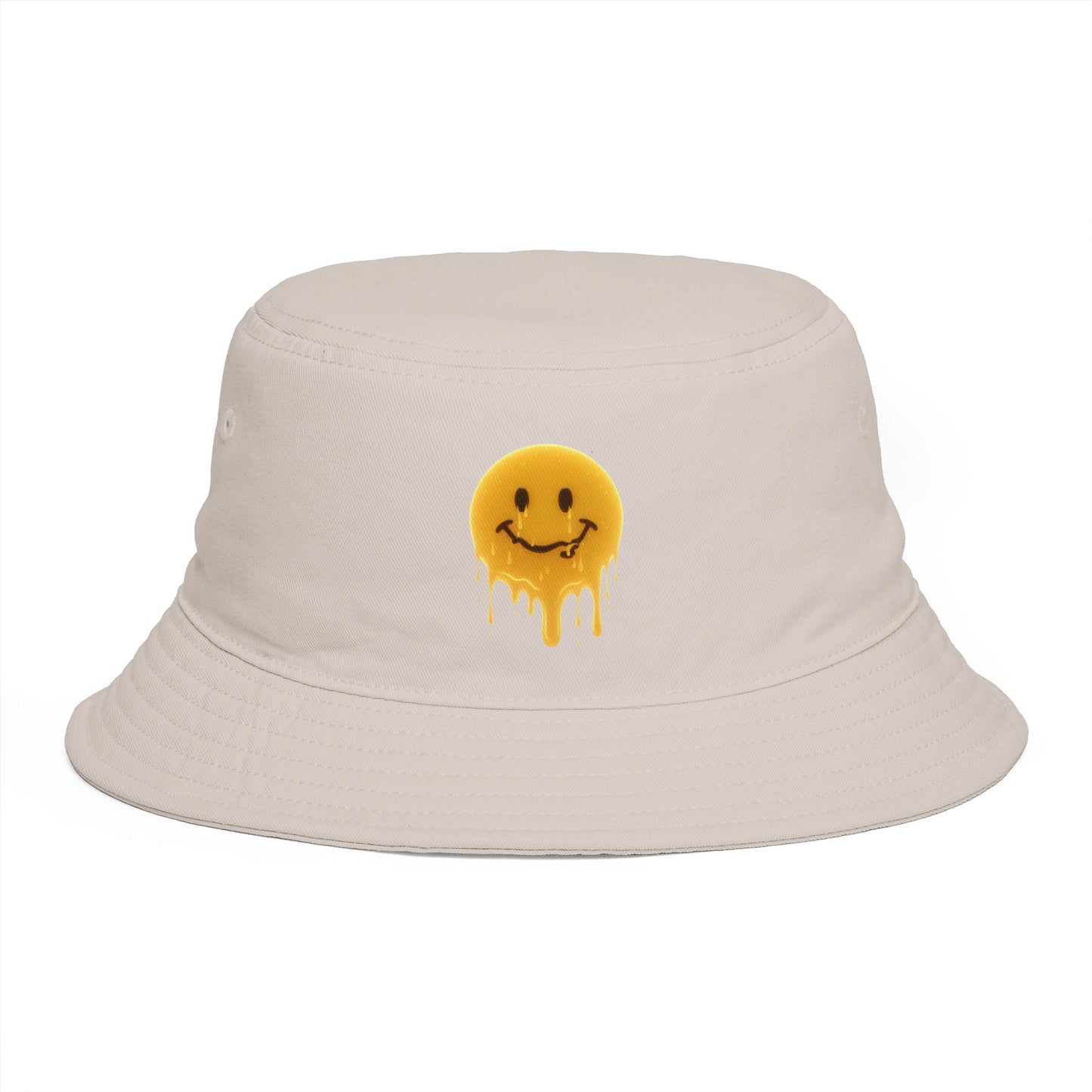 Smiley Drip Bucket Hat — Retro Melted Smile Face Sun Hat Hats Printify One size Bone
