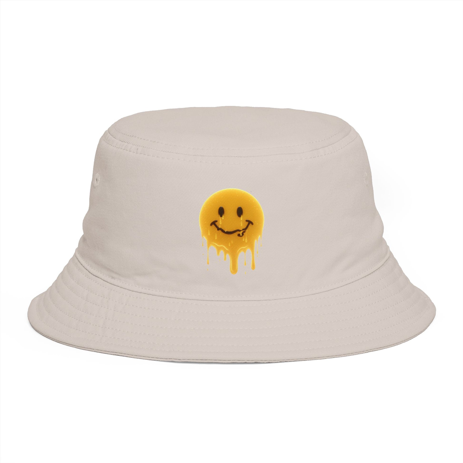 Smiley Drip Bucket Hat — Retro Melted Smile Face Sun Hat Hats Printify One size Bone