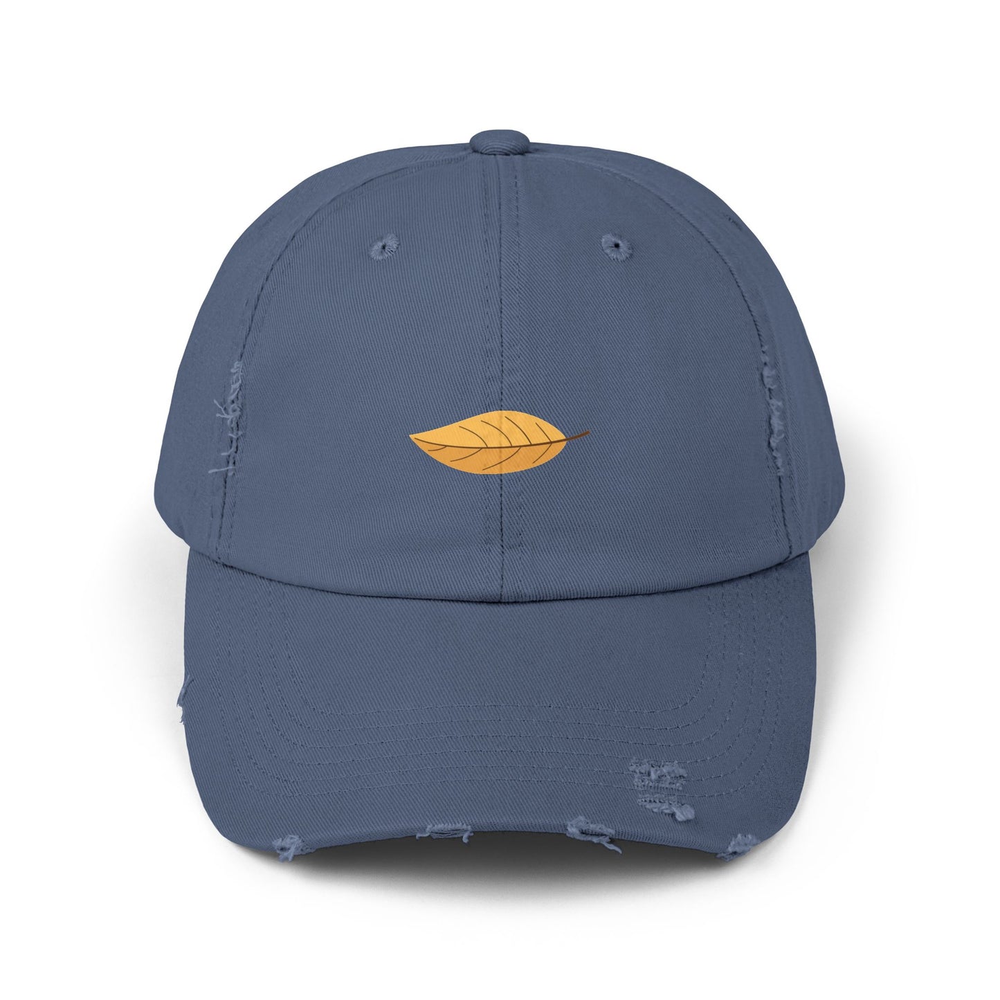 Distressed Black Cap with Golden Leaf Embroidery — Casual Fall Baseball Hat Hats Printify Scotland Blue One size
