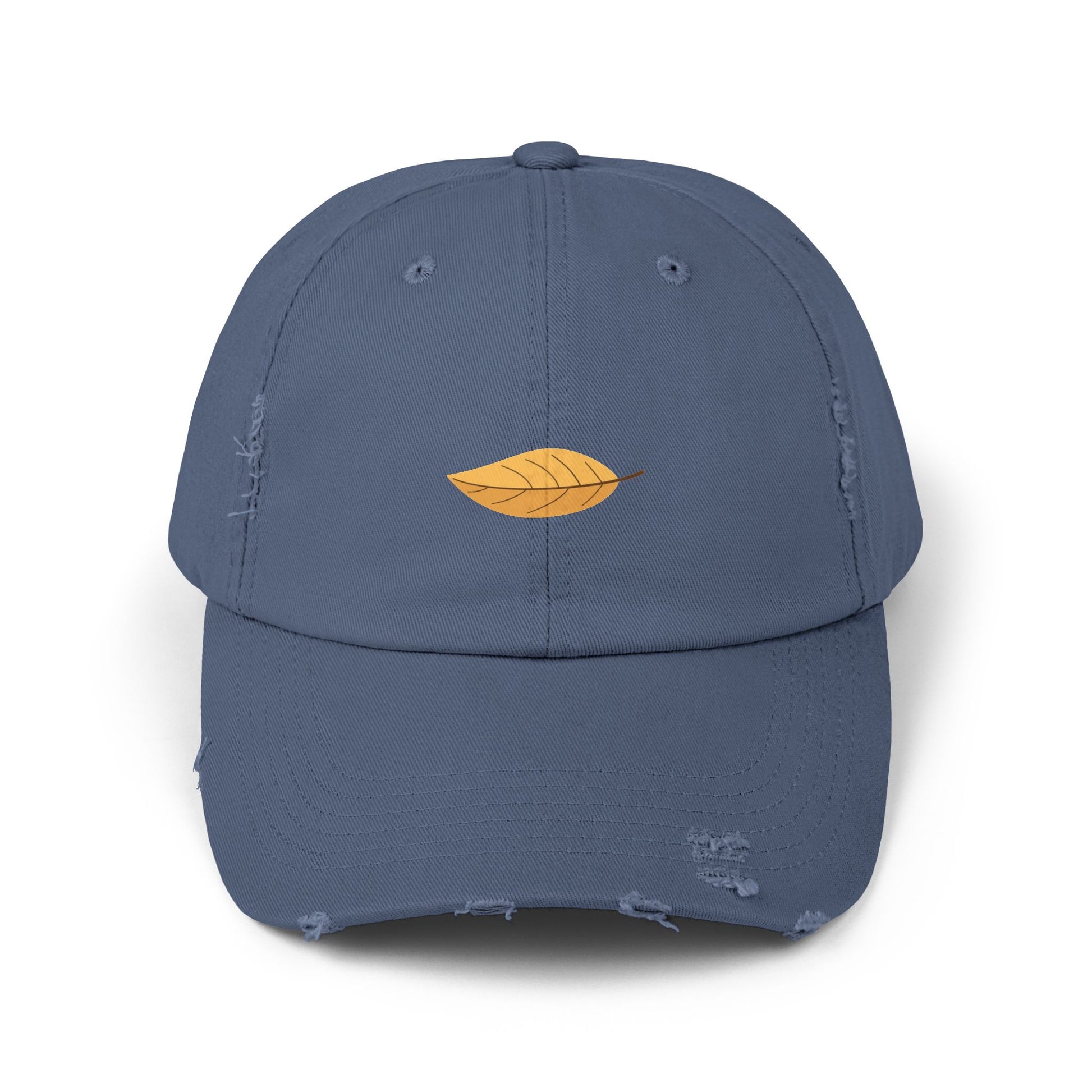Distressed Black Cap with Golden Leaf Embroidery — Casual Fall Baseball Hat Hats Printify Scotland Blue One size