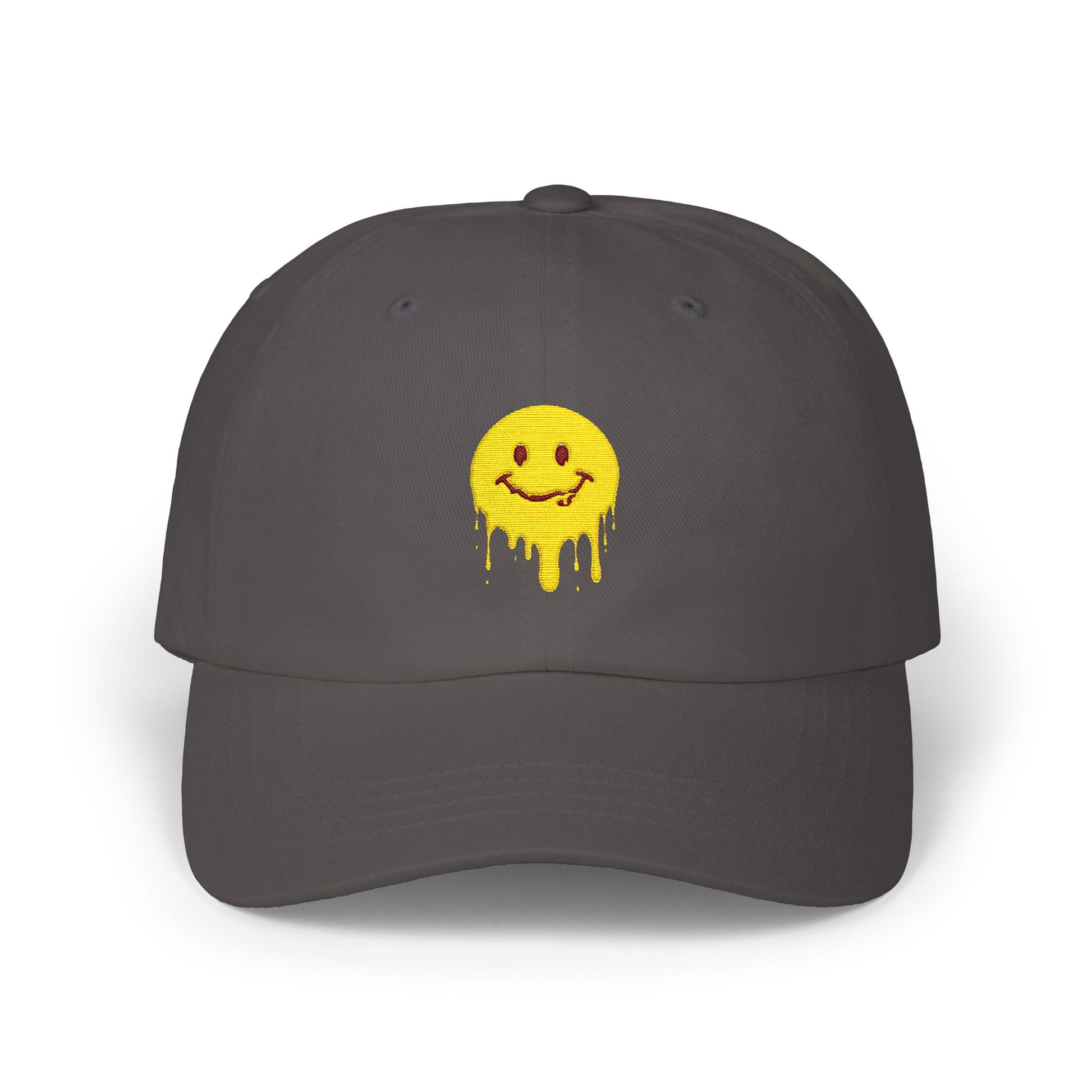 Smiling Melt Dad Cap — Dripping Smiley Embroidered Baseball Hat Hats Printify Dark Grey One size