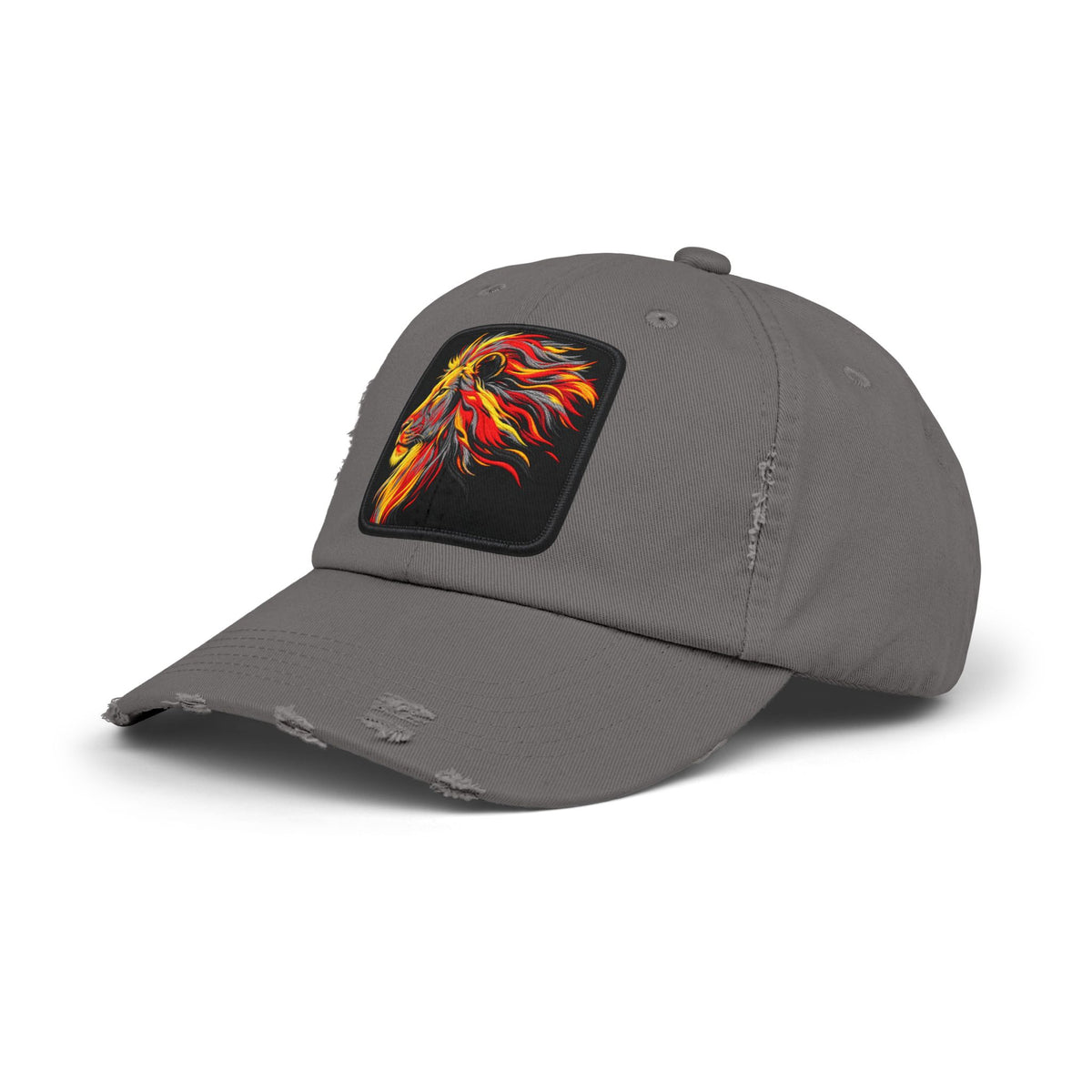 Distressed Cap — Vibrant Flame Lion Embroidered Baseball Hat