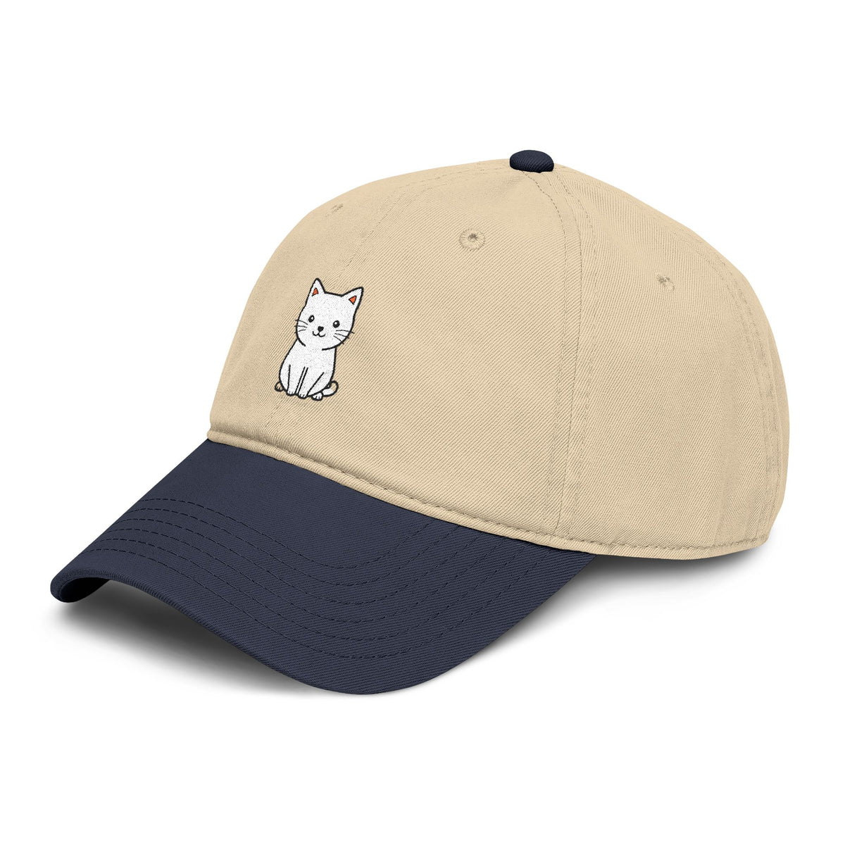 Washed Baseball Cap — Cute White Sitting Cat Embroidered Hat Hats Printify