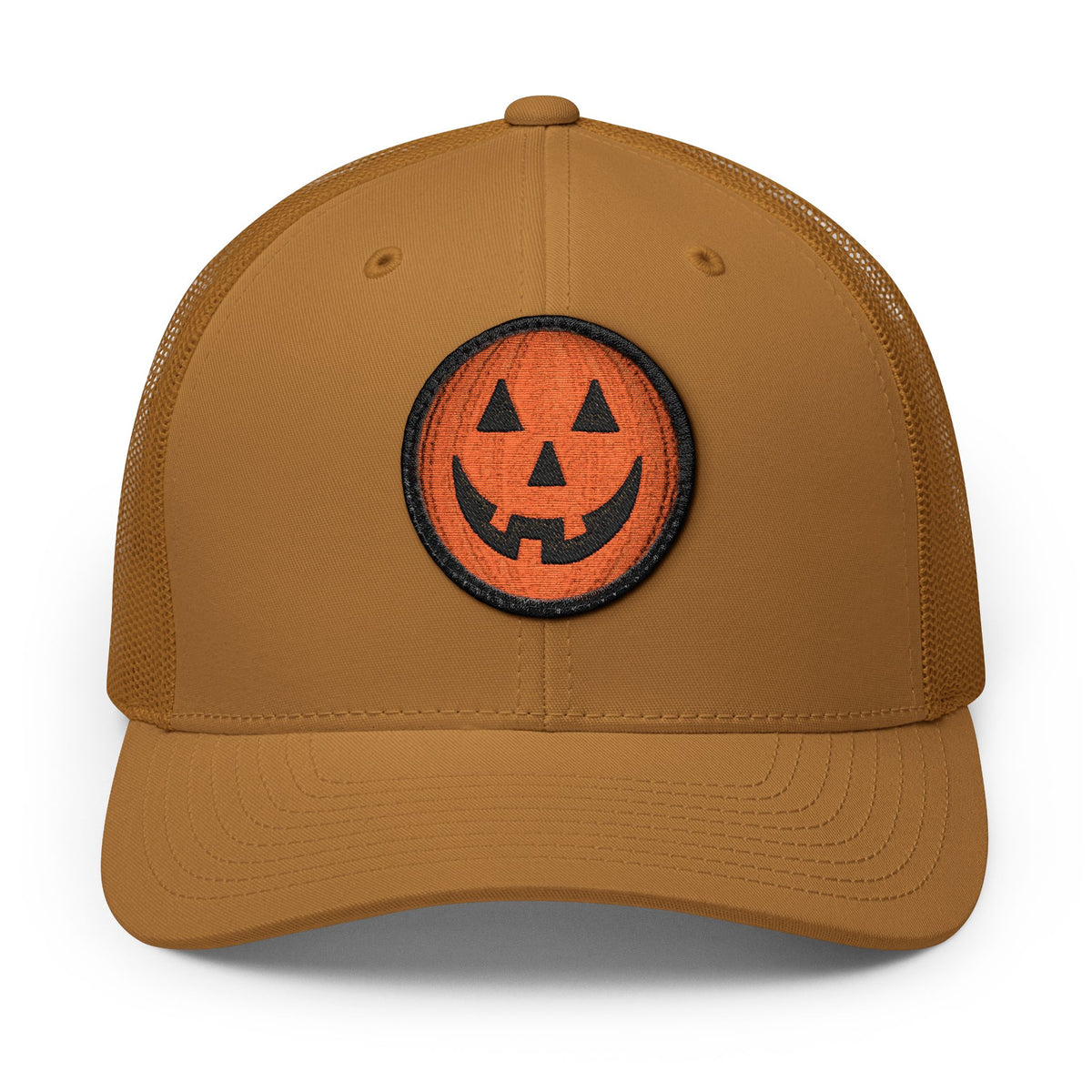Halloween Pumpkin Jack-O’-Lantern Trucker Cap Hats Printify Circle One size Caramel / Black patch