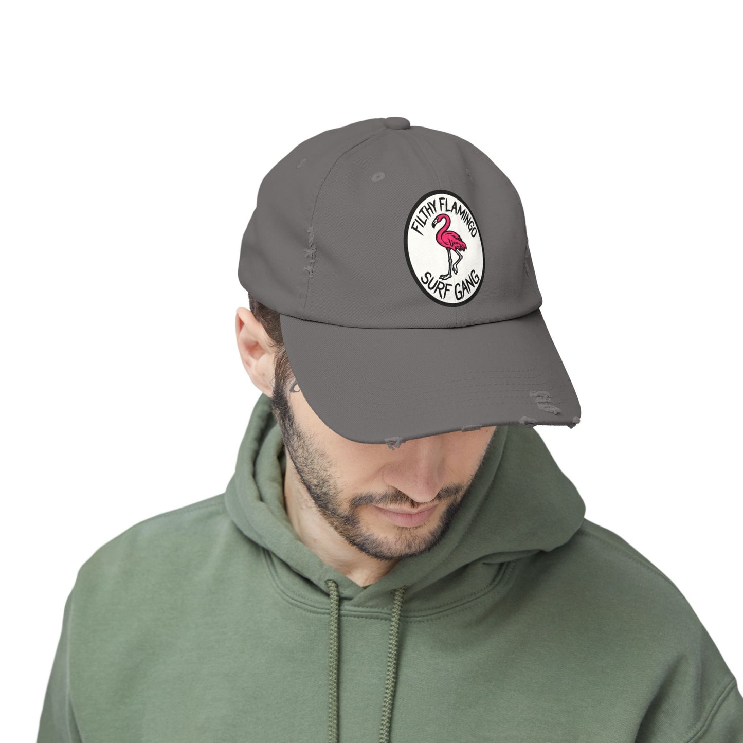 Distressed Surf Cap — "Filthy Flamingo Surf Gang" Embroidered Patch Hat