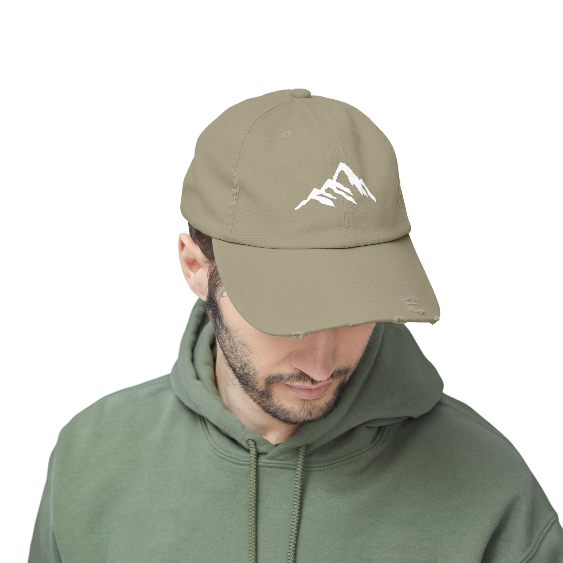 Distressed Mountain Hat — Minimal White Peak Embroidered Cap
