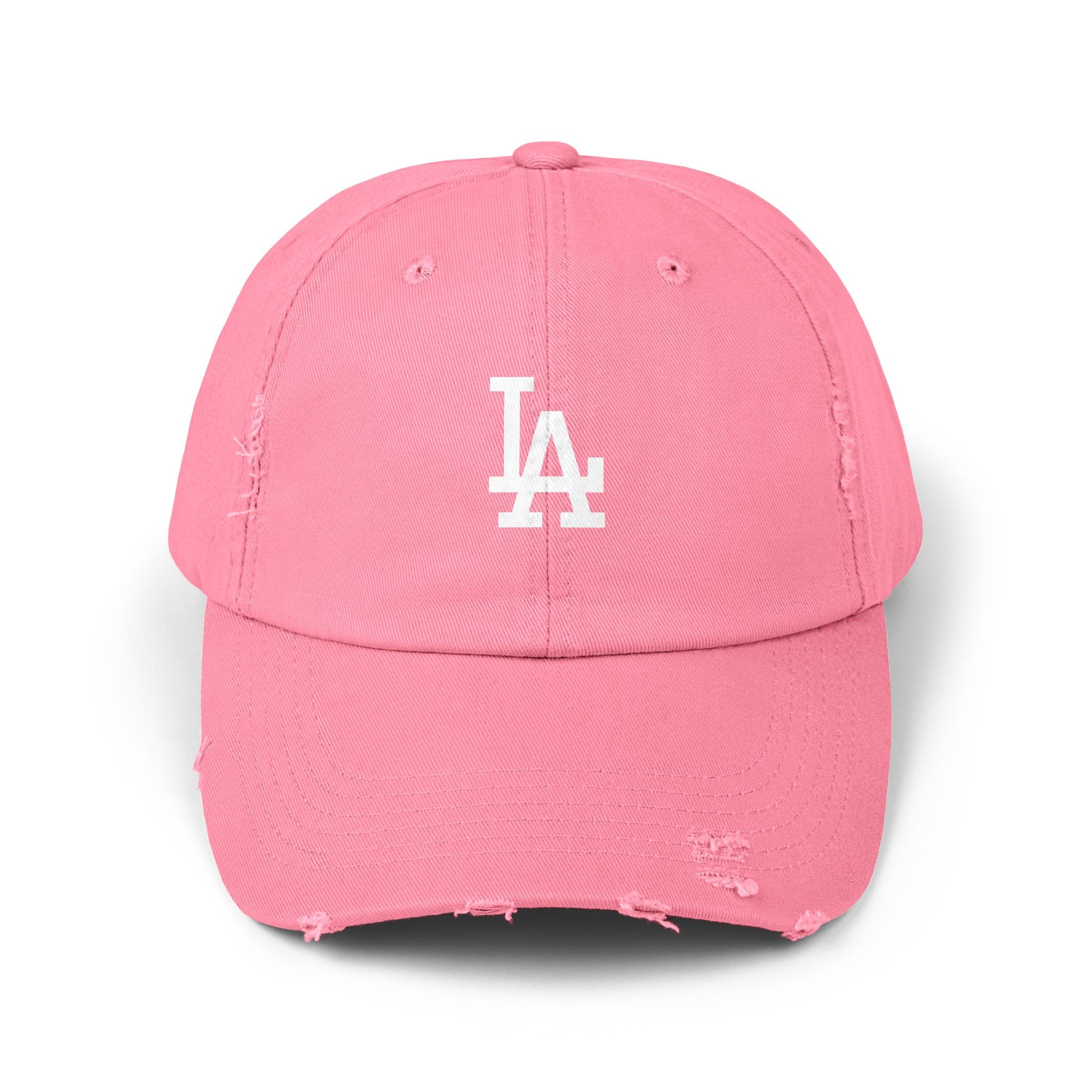Distressed LA Baseball Cap — Vintage Black Dad Hat Hats Printify True Pink One size