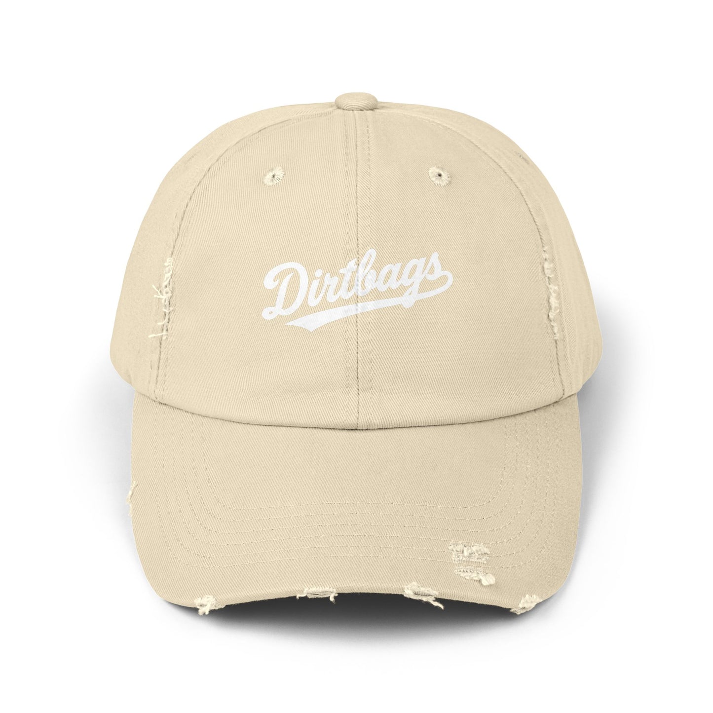 Dirtbags Distressed Baseball Cap — Vintage Script Embroidered Hat Hats Printify Stone One size