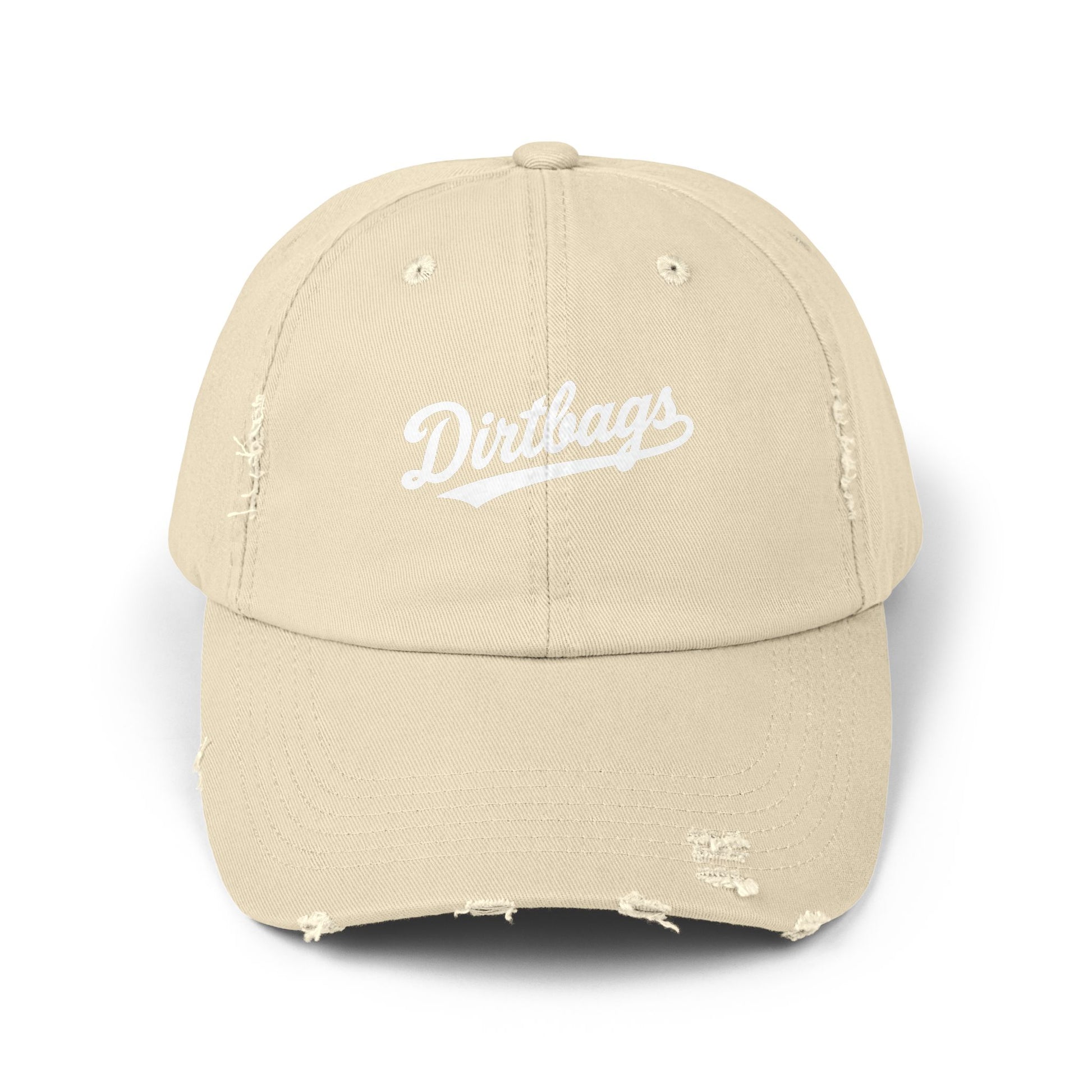 Dirtbags Distressed Baseball Cap — Vintage Script Embroidered Hat Hats Printify Stone One size
