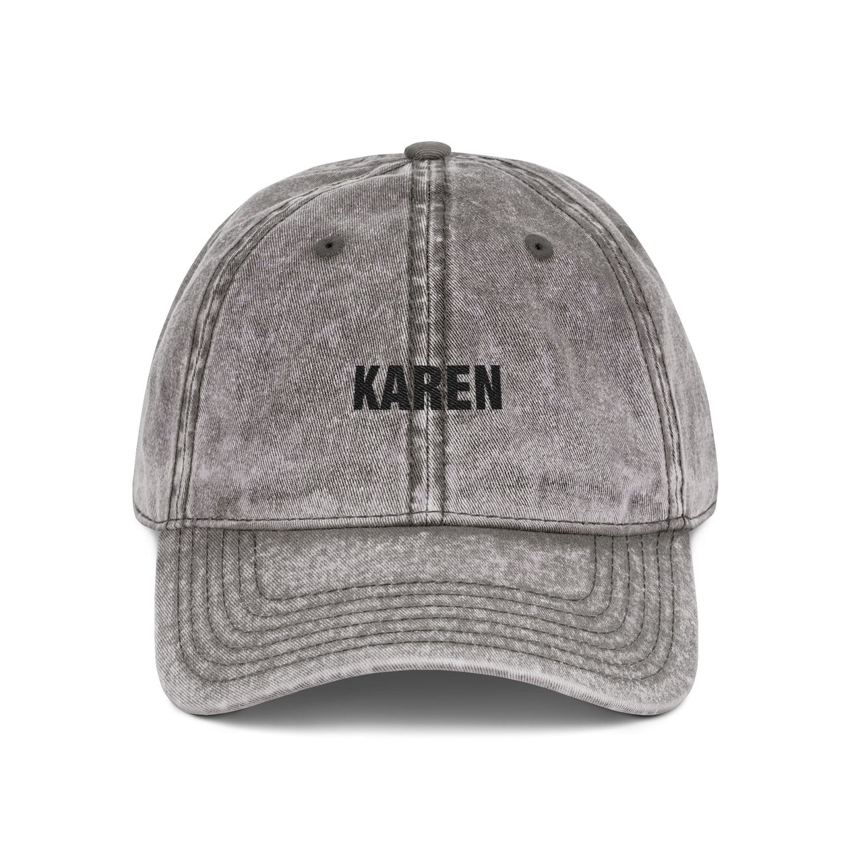 Embroidered 'KAREN' Vintage Baseball Cap - Distressed Red Dad Hat Hats Printify One size Charcoal Grey
