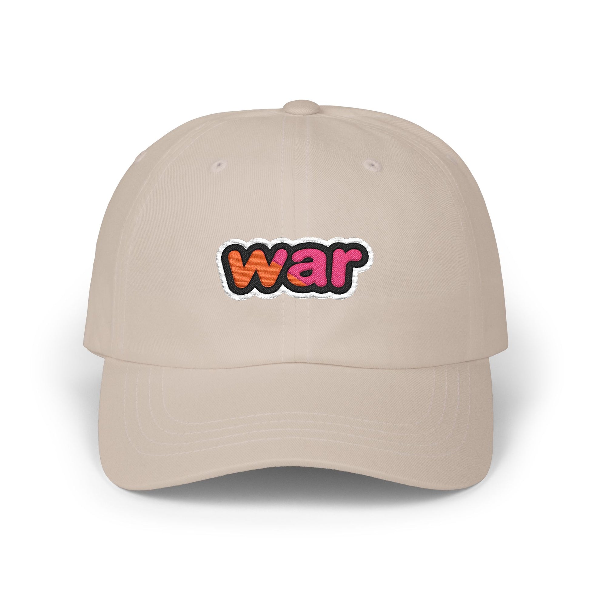 Dad Cap — White Embroidered "war" Patch Hat Hats Printify Stone One size