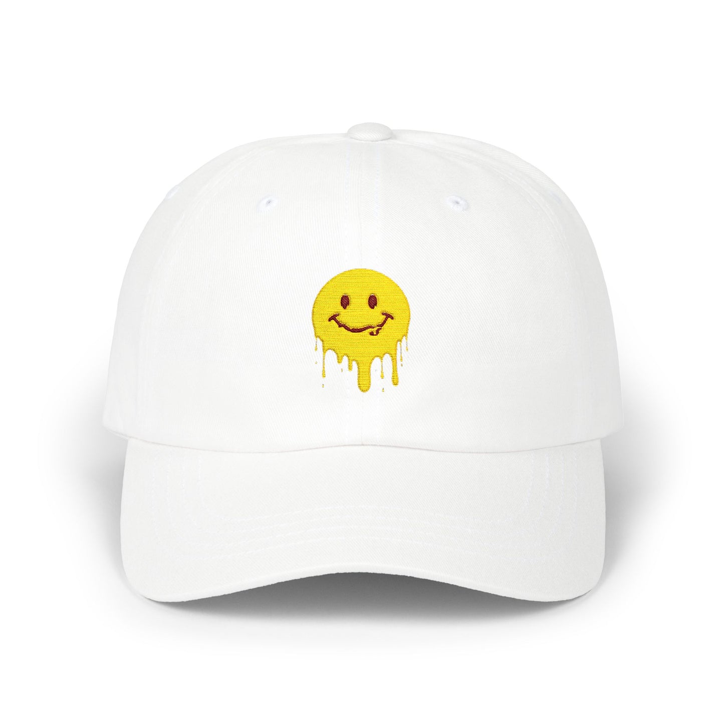 Smiling Melt Dad Cap — Dripping Smiley Embroidered Baseball Hat Hats Printify White One size