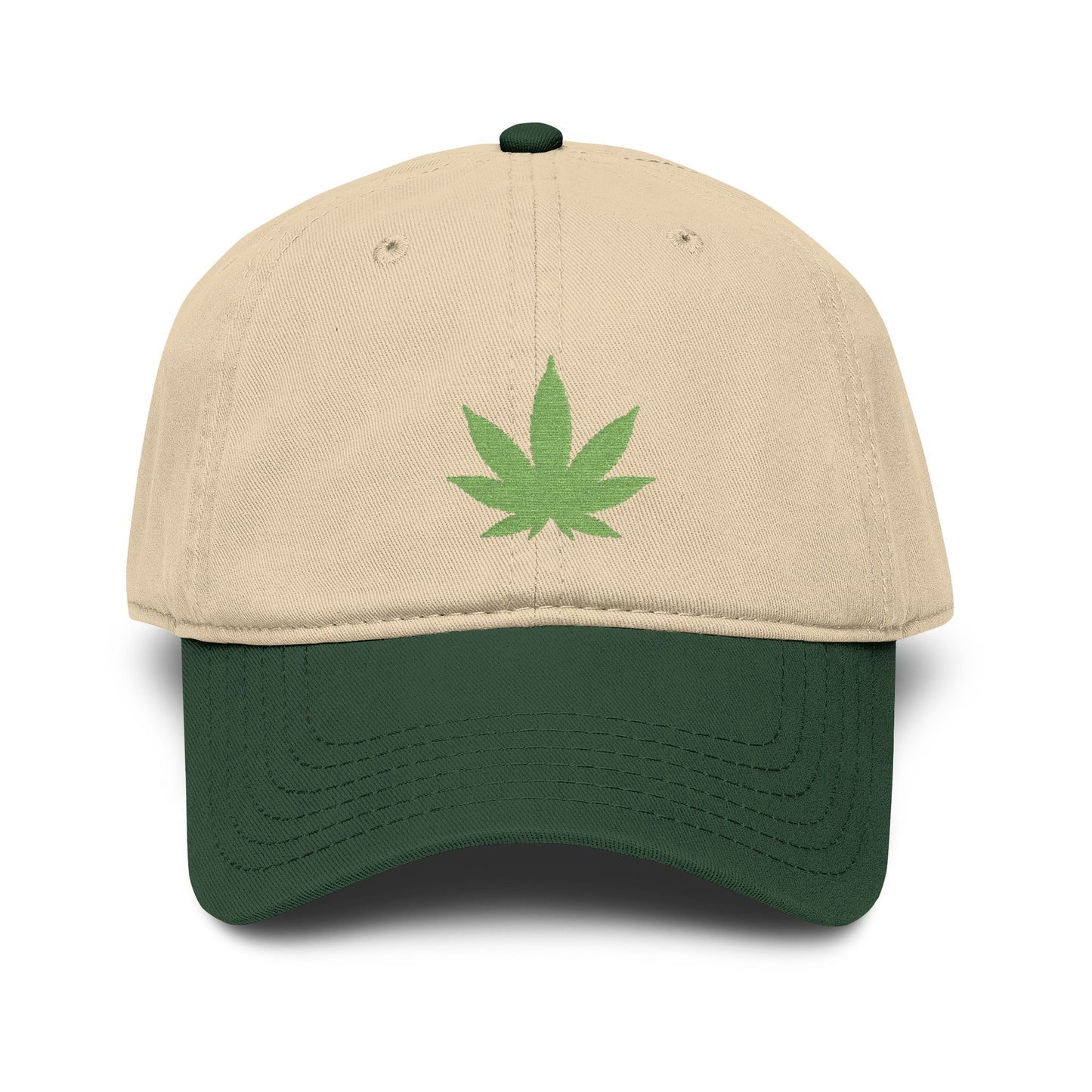 Washed Baseball Cap with Green Glitter Cannabis Leaf Embroidery Hats Printify One size Dark Green / Khaki