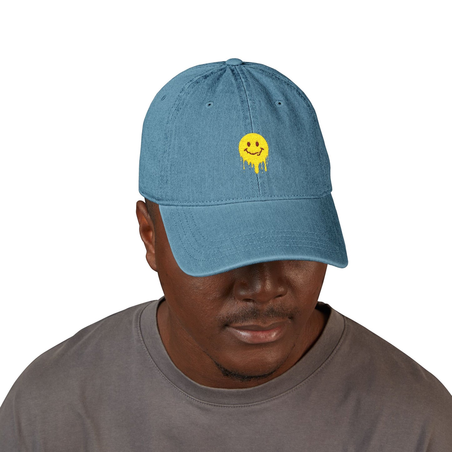 Embroidered Drip Smiley Denim Hat — Yellow Melting Smilecap Hats Printify