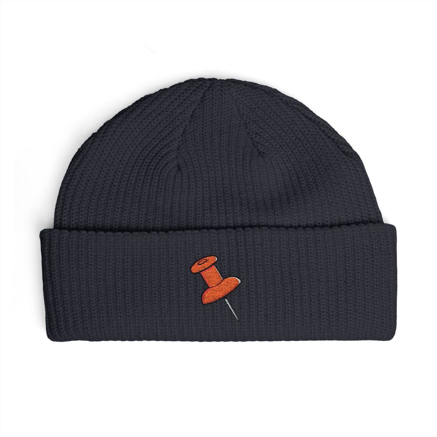 Cuff Beanie with Orange Pushpin Embroidery – Casual Streetwear Knit Hat Hats Printify One size Navy
