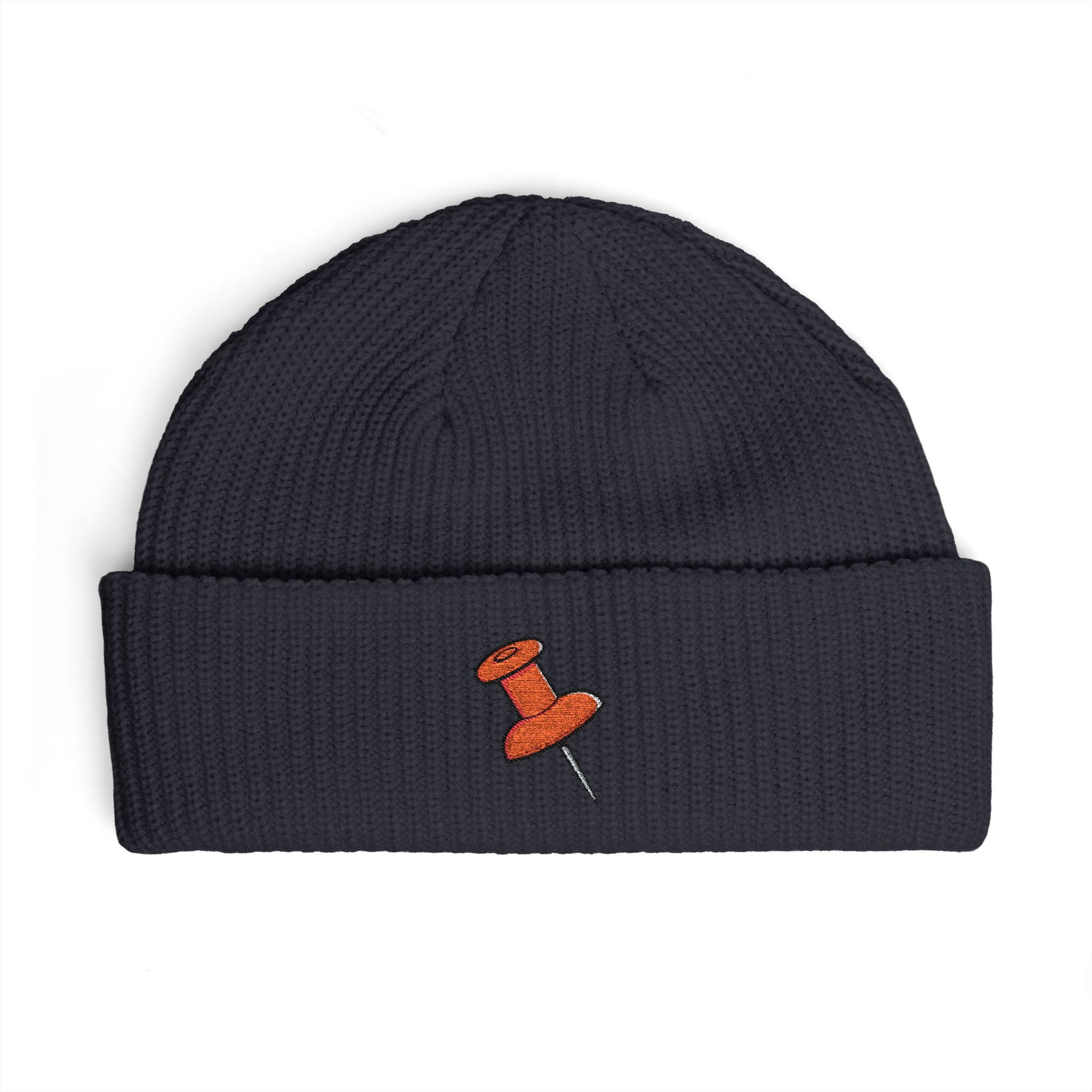 Cuff Beanie with Orange Pushpin Embroidery – Casual Streetwear Knit Hat Hats Printify One size Navy