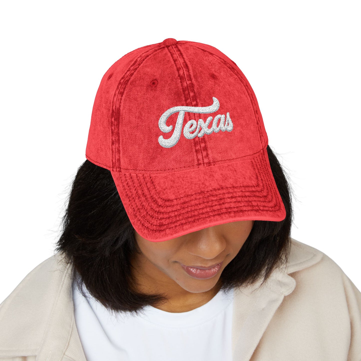 Vintage Embroidered Texas Cap — Distressed Red Baseball Hat Hats Printify