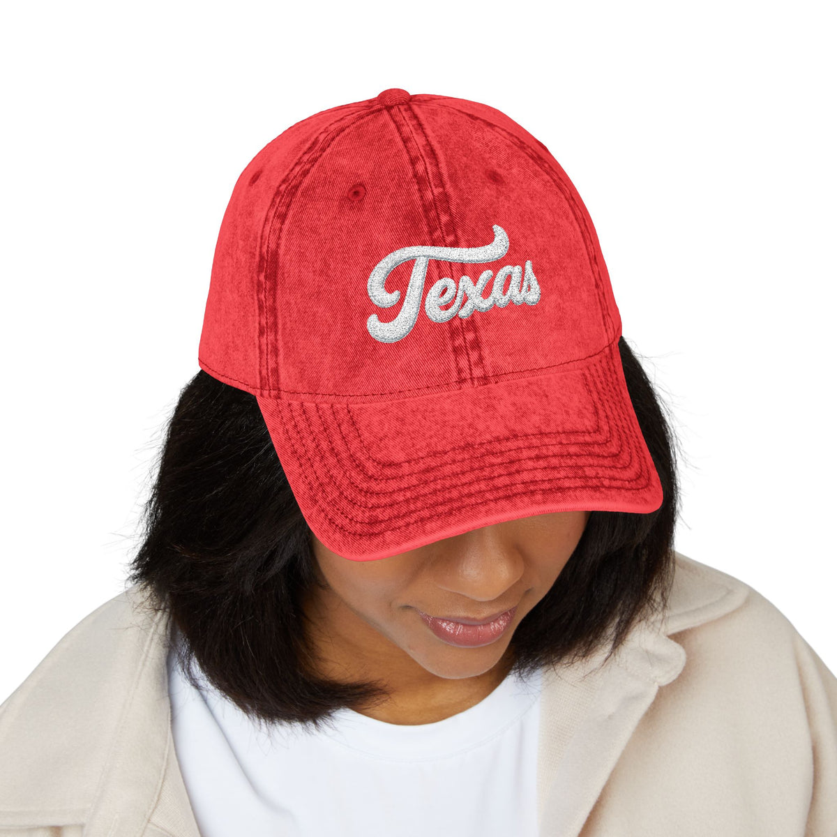 Vintage Embroidered Texas Cap — Distressed Red Baseball Hat Hats Printify