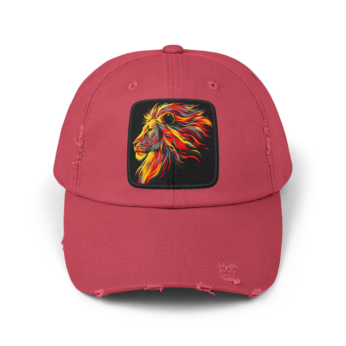 Distressed Cap — Vibrant Flame Lion Embroidered Baseball Hat Hats Printify Dashing Red One size