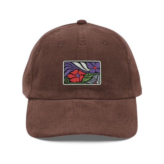Corduroy Embroidered Cap — Vintage Floral Patch Baseball Hat Hats Printify Dark Brown One size