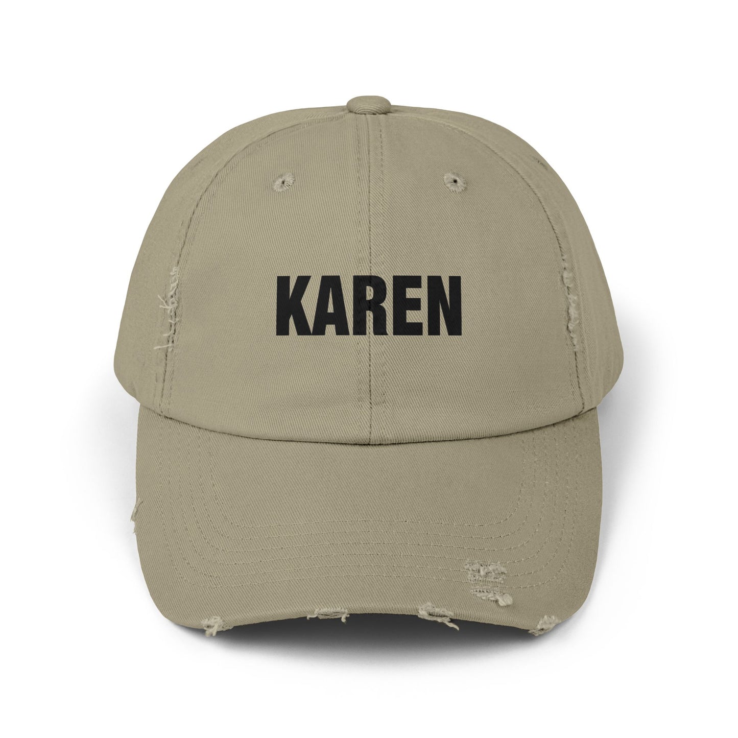 Distressed 'Karen' Baseball Cap — Black Embroidered Name Hat Hats Printify Light Olive One size