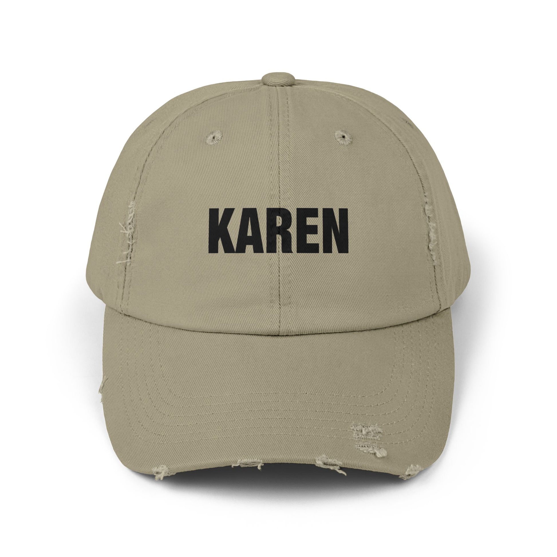 Distressed 'Karen' Baseball Cap — Black Embroidered Name Hat Hats Printify Light Olive One size