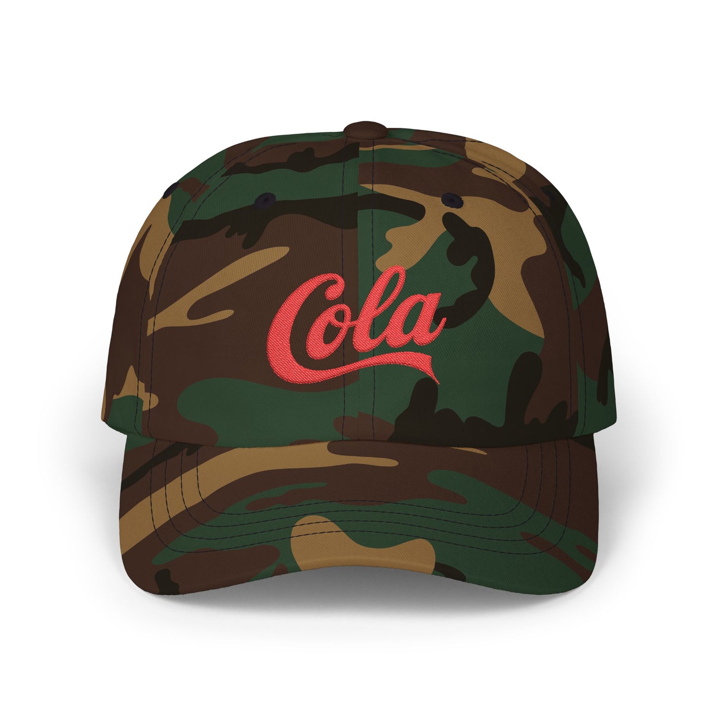 Cola Embroidered Dad Cap – Retro Soda Logo Baseball Hat Hats Printify Green Camo One size