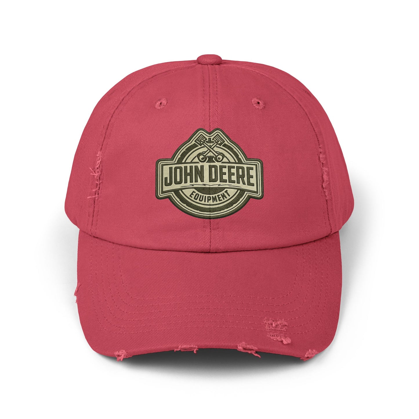 Distressed John Deere Logo Cap — Vintage Farm Equipment Baseball Hat Hats Printify Dashing Red One size