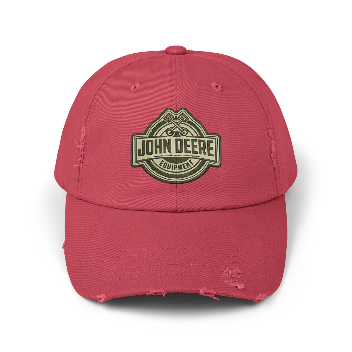 Distressed John Deere Logo Cap — Vintage Farm Equipment Baseball Hat Hats Printify Dashing Red One size