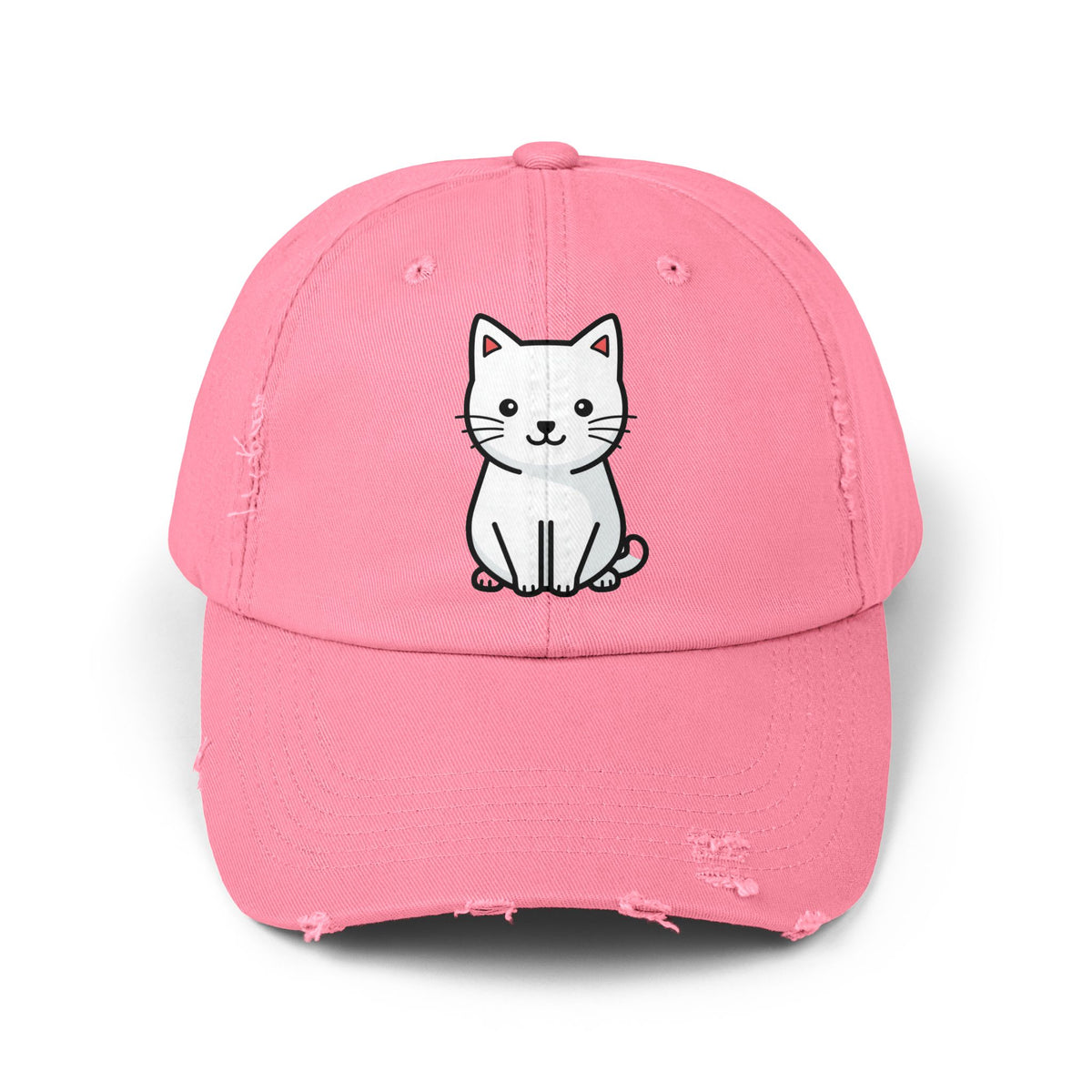 Distressed Black Cap with Cute White Cat Graphic Hats Printify True Pink One size