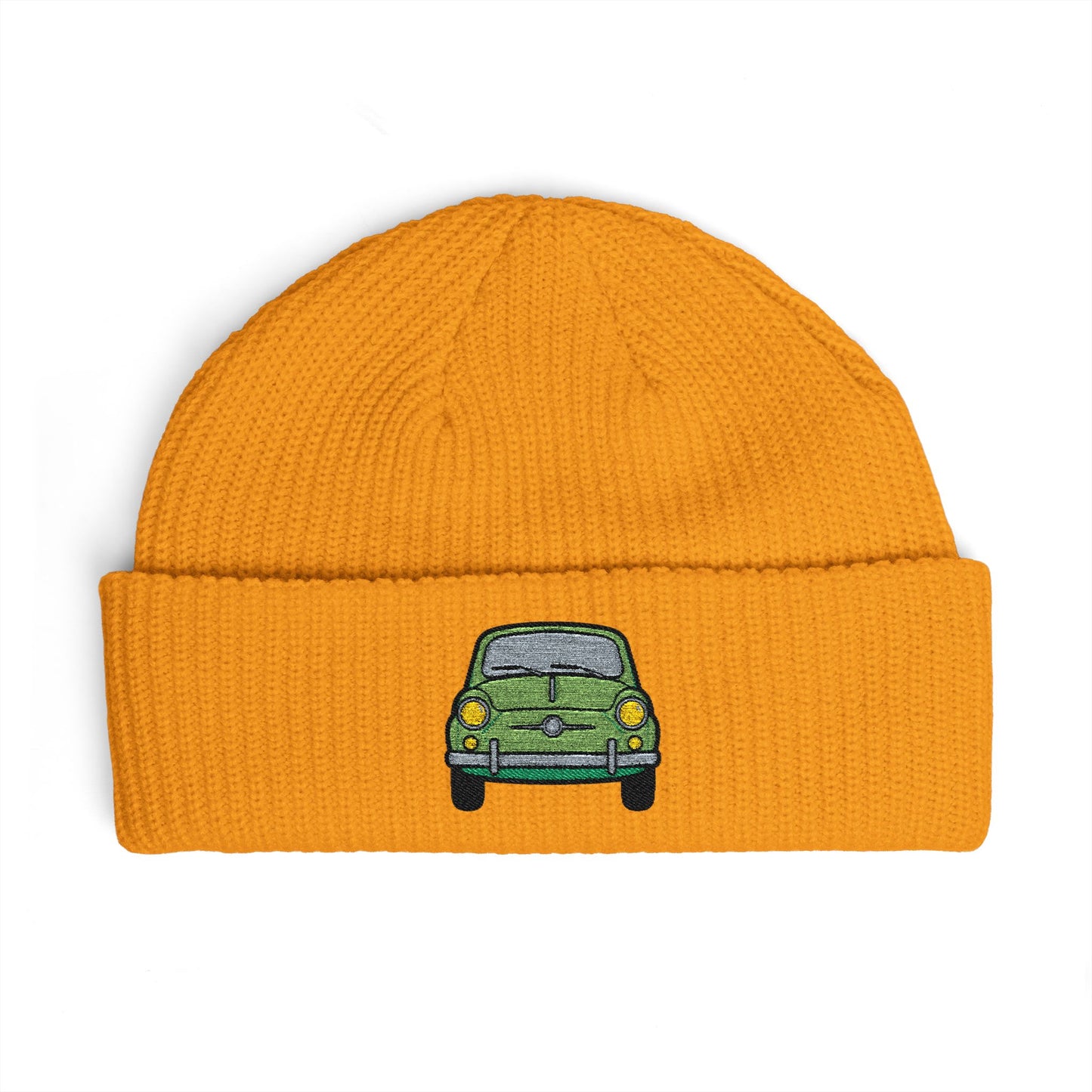 Cuff Beanie — Retro Green Car Embroidered Knit Hat Hats Printify One size Gold