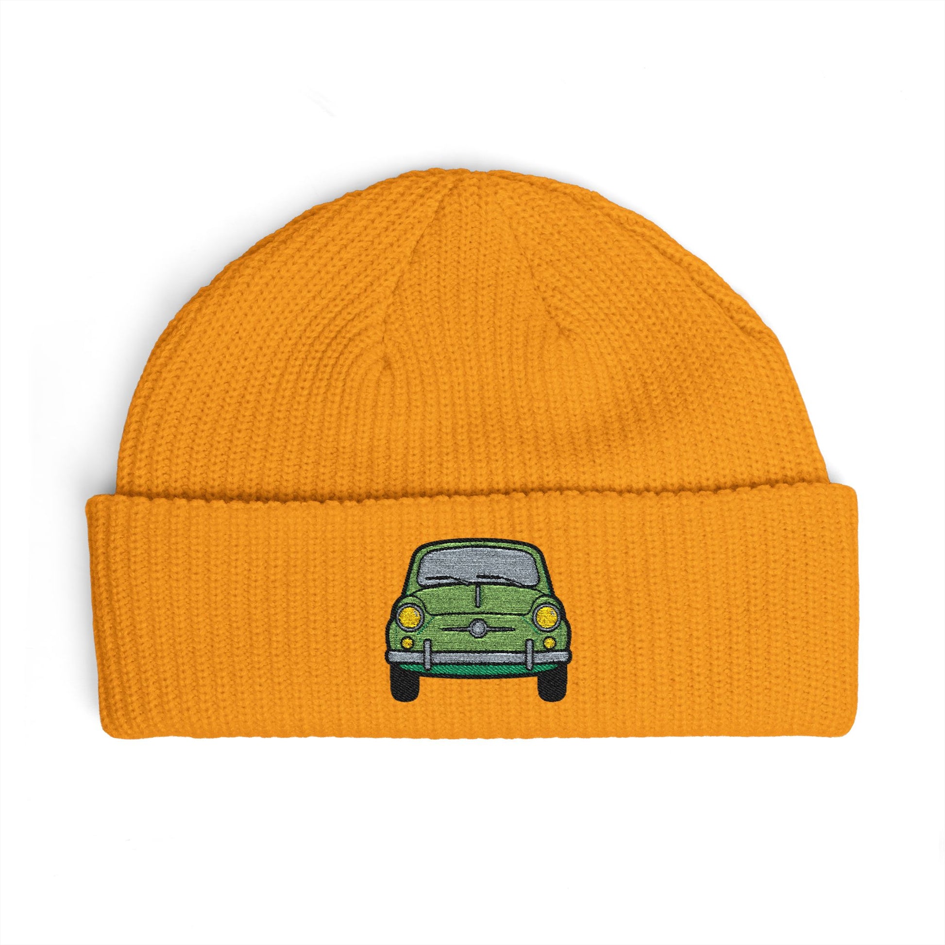 Cuff Beanie — Retro Green Car Embroidered Knit Hat Hats Printify One size Gold