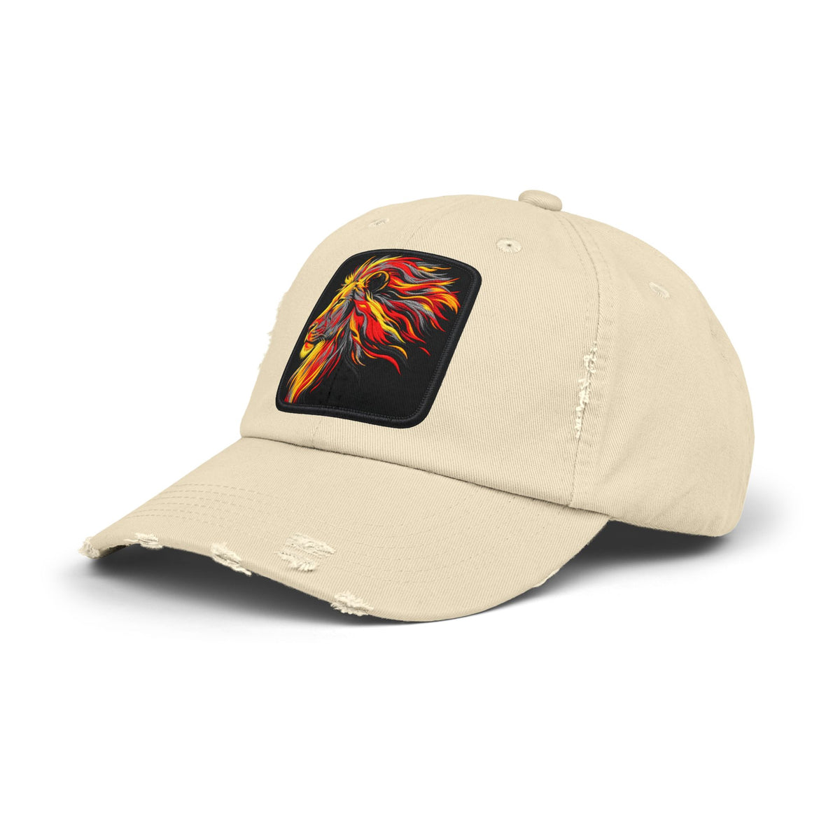 Distressed Cap — Vibrant Flame Lion Embroidered Baseball Hat Hats Printify