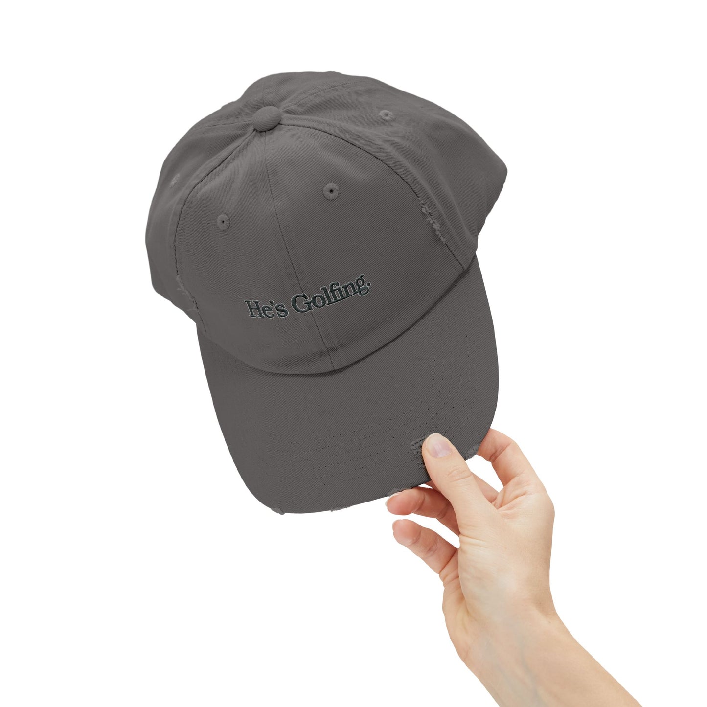He's Goin' Distressed Dad Hat — Vintage Black Embroidered Cap