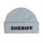 Cuff Beanie - 'SHRIFF' Embroidered Knit Hat (Festive Green-Gold Lettering) Hats Printify