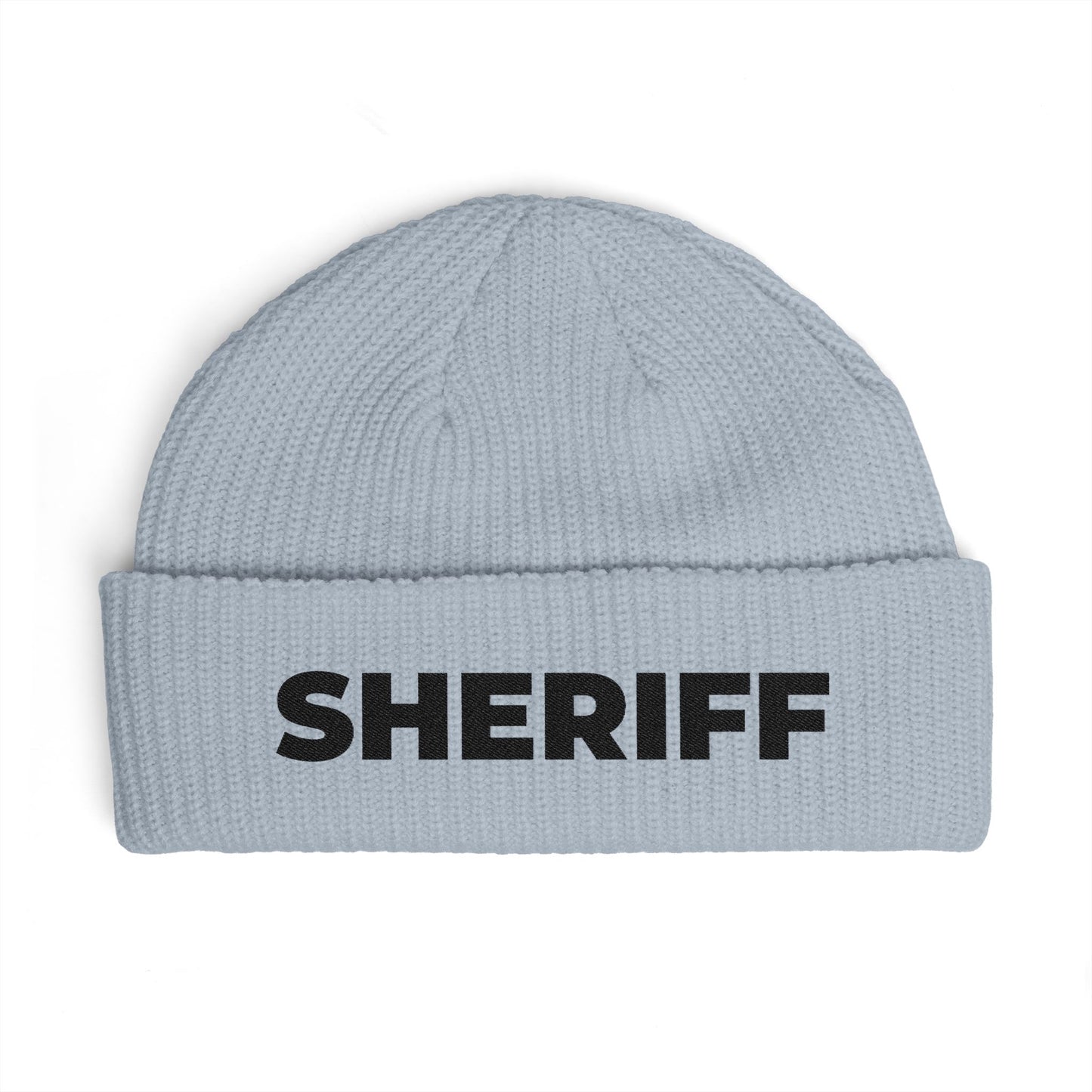 Cuff Beanie - 'SHRIFF' Embroidered Knit Hat (Festive Green-Gold Lettering) Hats Printify