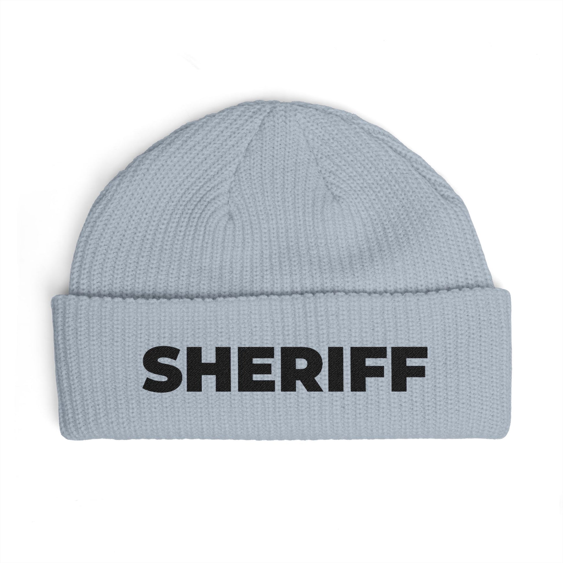 Cuff Beanie - 'SHRIFF' Embroidered Knit Hat (Festive Green-Gold Lettering) Hats Printify