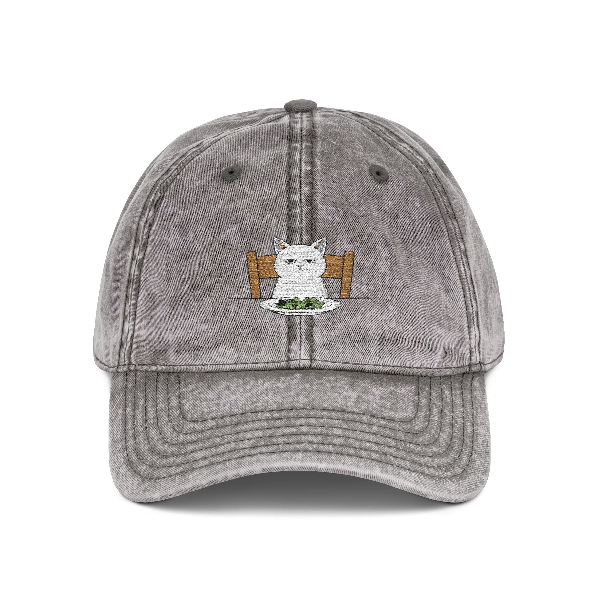 Vintage Embroidered Cat Cap — Washed Red Dad Hat Hats Printify One size Charcoal Grey