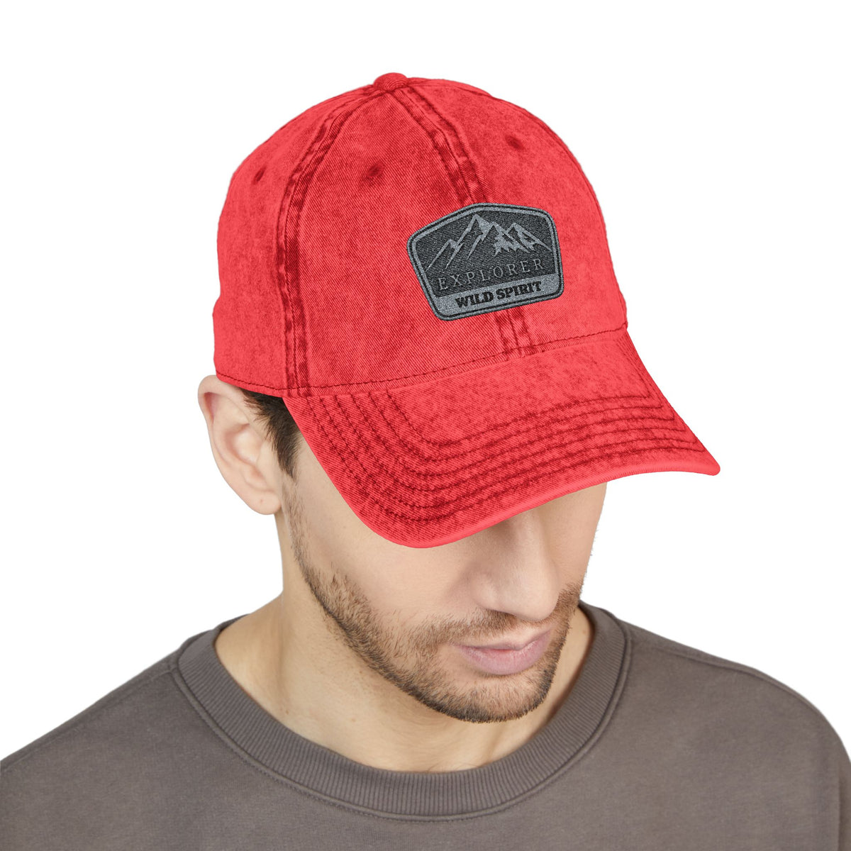 Vintage Embroidered Mountain Patch Cap — Washed Red Dad Hat Hats Printify
