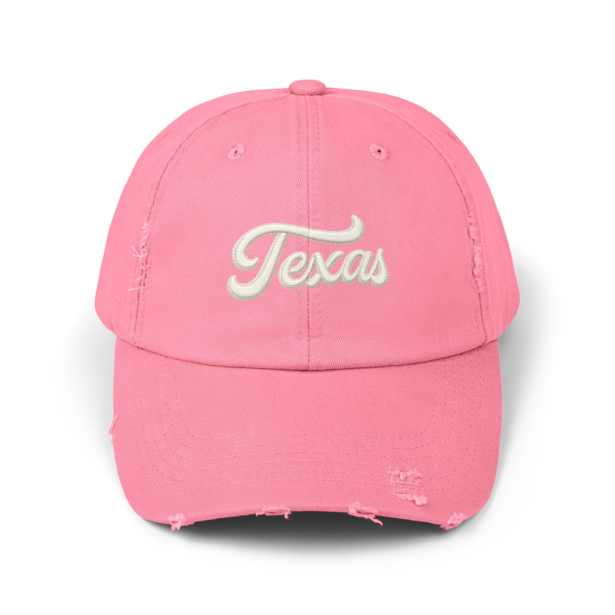 Texas Distressed Baseball Cap — Vintage Script Embroidered Hat Hats Printify True Pink One size