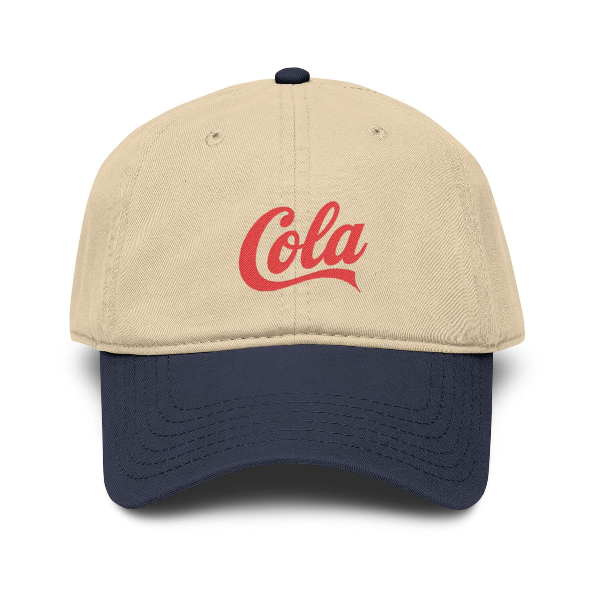 Washed Cotton Baseball Cap with Retro "Cola" Script Embroidery Hats Printify
