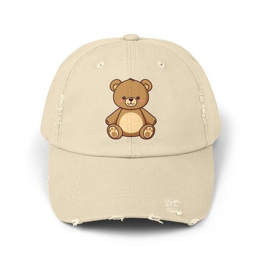 Teddy Bear Distressed Cap — Cute Retro Plush Hat for Casual Wear Hats Printify Stone One size