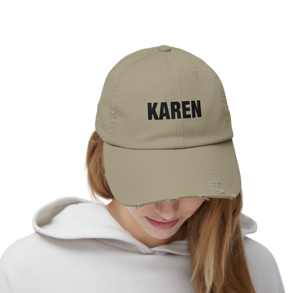 Distressed 'Karen' Baseball Cap — Black Embroidered Name Hat Hats Printify