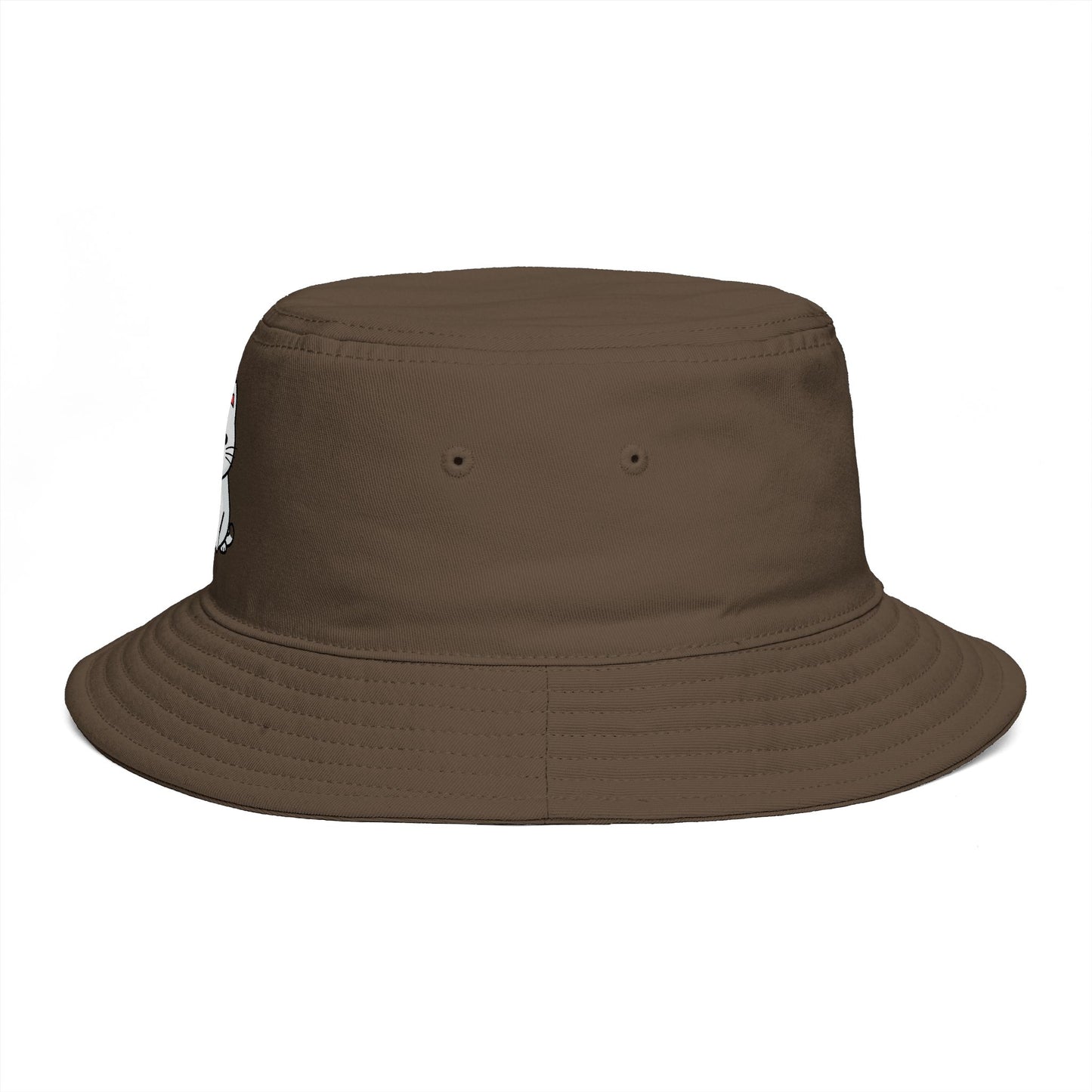 Brown Bucket Hat with Cute White Cat Embroidery — Casual Cat Lover Accessory
