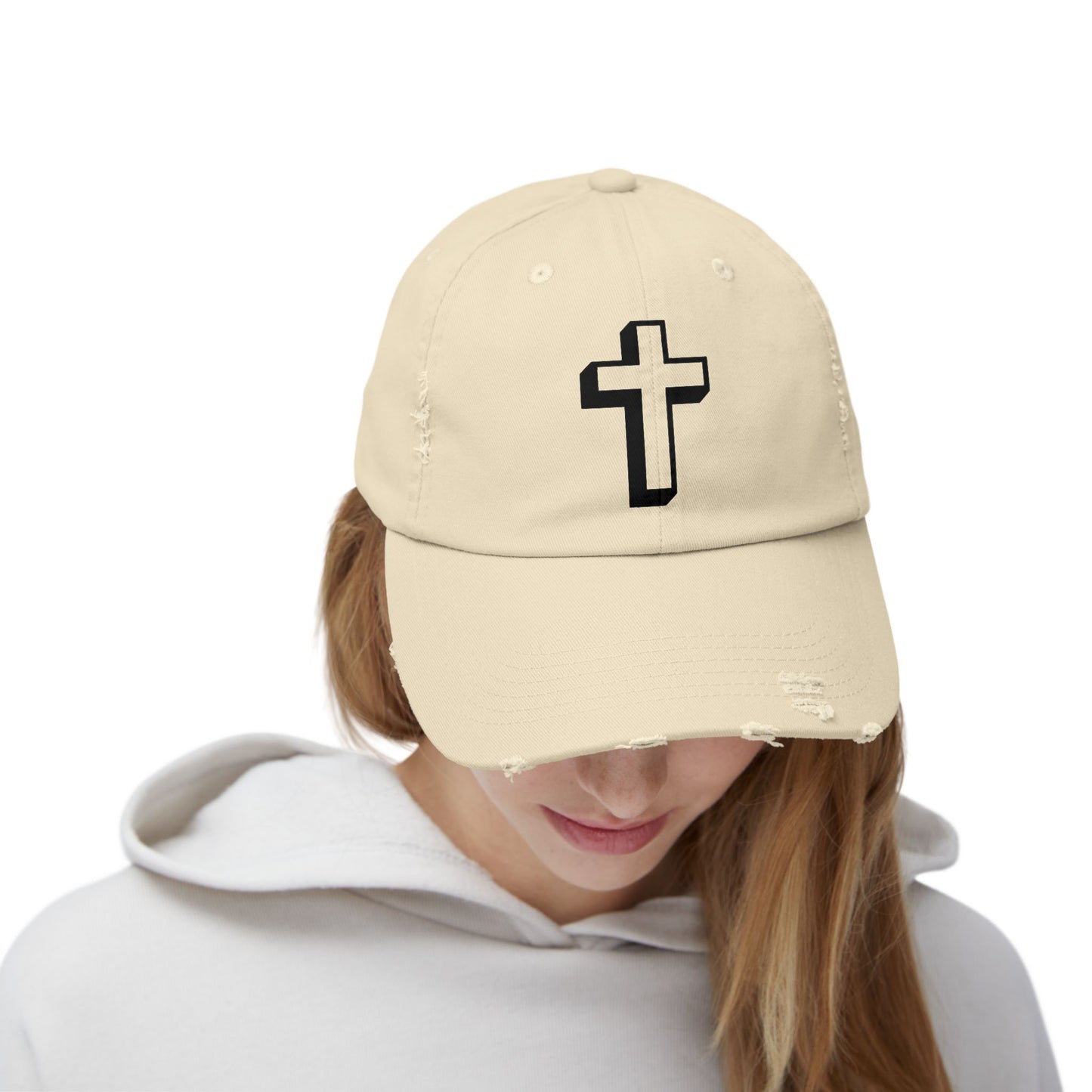 Distressed Black Cross Cap — Vintage Christian Baseball Hat Hats Printify